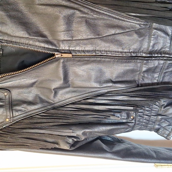 Wilsons Black  Leather Fringe Biker Jacket Ladies M - Picture 3 of 8
